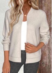 Textured Fabric Beige Long Sleeve Stand Collar Jacket