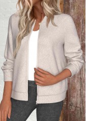 Textured Fabric Beige Long Sleeve Stand Collar Jacket