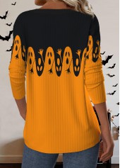 Halloween Button Orange Long Sleeve Round Neck T Shirt