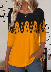 Halloween Button Orange Long Sleeve Round Neck T Shirt