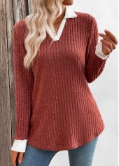 Patchwork Brick Red Long Sleeve T Shirt