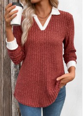 Patchwork Brick Red Long Sleeve T Shirt