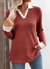 Patchwork Brick Red Long Sleeve T Shirt