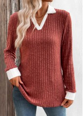 Patchwork Brick Red Long Sleeve T Shirt