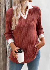 Patchwork Brick Red Long Sleeve T Shirt