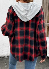 Plaid Drawstring Red Long Sleeve Hoodie