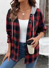 Plaid Drawstring Red Long Sleeve Hoodie