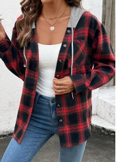 Plaid Drawstring Red Long Sleeve Hoodie