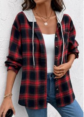 Plaid Drawstring Red Long Sleeve Hoodie