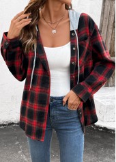 Plaid Drawstring Red Long Sleeve Hoodie