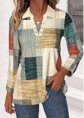 Geometric Print Patchwork Multi Color Long Sleeve Blouse