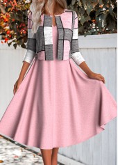 Plaid Two Piece Pink Long Sleeve Dress and Cardigan