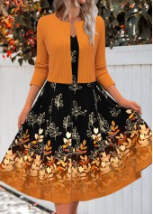 Floral Print Zipper Terracotta Long Sleeve Dress and Cardigan