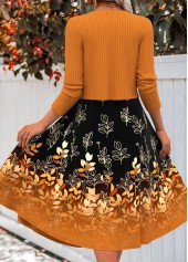 Floral Print Zipper Terracotta Long Sleeve Dress and Cardigan