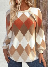 Argyle Print Patchwork Light Camel Long Sleeve Sweatshirt