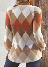 Argyle Print Patchwork Light Camel Long Sleeve Sweatshirt