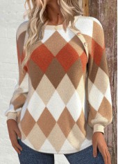 Argyle Print Patchwork Light Camel Long Sleeve Sweatshirt