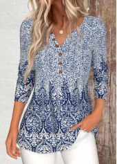 Tribal Print Button Blue Long Sleeve T Shirt