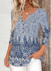 Tribal Print Button Blue Long Sleeve T Shirt