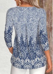 Tribal Print Button Blue Long Sleeve T Shirt
