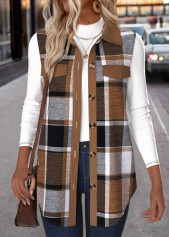 Plaid Patchwork Dark Coffee Sleeveless Shirt Collar Waistcoat