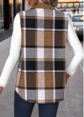 Plaid Patchwork Dark Coffee Sleeveless Shirt Collar Waistcoat
