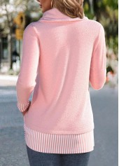 Striped Patchwork Light Pink Long Sleeve Cowl Neck Sweatshirt