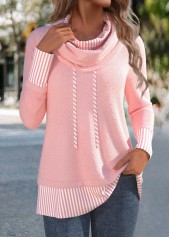 Striped Patchwork Light Pink Long Sleeve Cowl Neck Sweatshirt