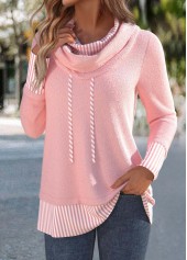 Striped Patchwork Light Pink Long Sleeve Cowl Neck Sweatshirt