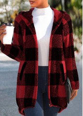 Plaid Red Long Sleeve Hooded Coat