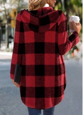 Plaid Red Long Sleeve Hooded Coat