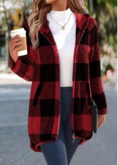 Plaid Red Long Sleeve Hooded Coat