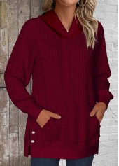 Pocket Split Wine Red Long Sleeve Hoodie