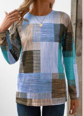 Geometric Print Patchwork Blue Long Sleeve T Shirt