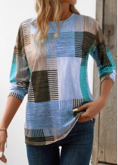 Geometric Print Patchwork Blue Long Sleeve T Shirt