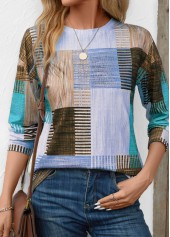 Geometric Print Patchwork Blue Long Sleeve T Shirt