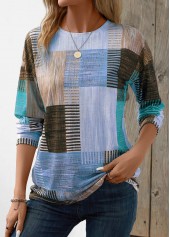 Geometric Print Patchwork Blue Long Sleeve T Shirt
