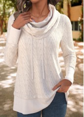 Patchwork White Long Sleeve Cowl Neck Sweatshirt