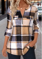 Plaid Zipper Dark Coffee Long Sleeve Round Neck Shirt