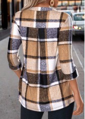 Plaid Zipper Dark Coffee Long Sleeve Round Neck Shirt