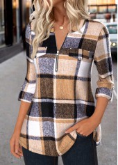 Plaid Zipper Dark Coffee Long Sleeve Round Neck Shirt