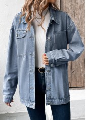 Button Denim Blue Long Sleeve Turn Down Collar Coat