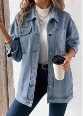 Button Denim Blue Long Sleeve Turn Down Collar Coat
