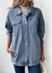 Button Denim Blue Long Sleeve Turn Down Collar Coat