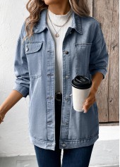 Button Denim Blue Long Sleeve Turn Down Collar Coat