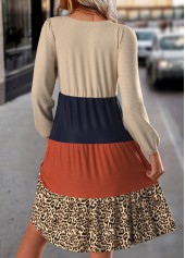Leopard Patchwork Beige Long Sleeve Split Neck Dress