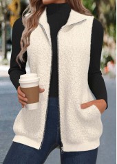 Zipper Beige Sleeveless Stand Collar Waistcoat