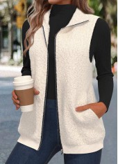 Zipper Beige Sleeveless Stand Collar Waistcoat