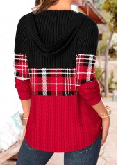 Plaid Patchwork Red Long Sleeve Hoodie