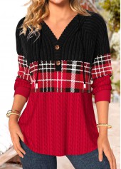 Plaid Patchwork Red Long Sleeve Hoodie